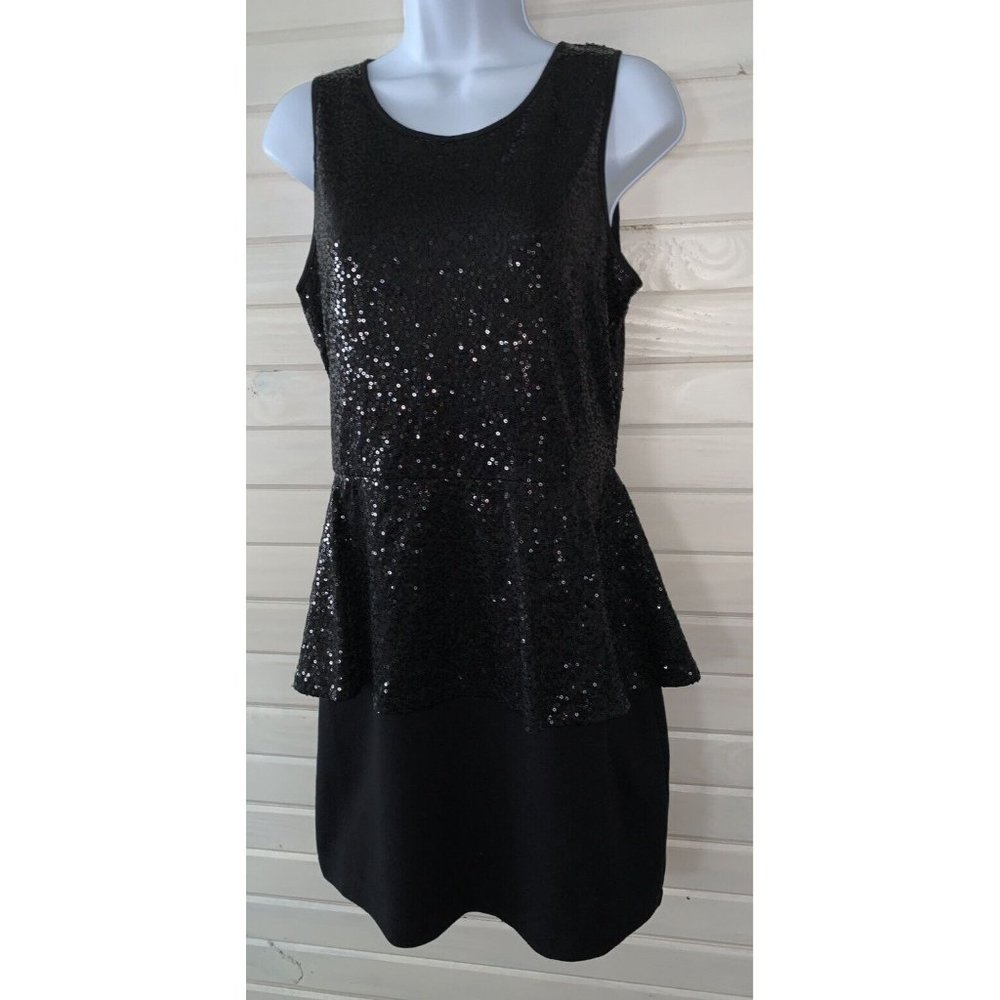 KENSIE Sz MEDIUM Black Sequined Mixed Media Peplum Dress Sleeveless Women's EUC - Picture 1 of 10